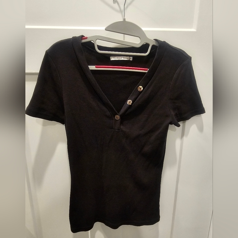 Michael Stars Black Cotton Ribbed Henley Top OS Made in USA Button Front Tee